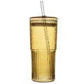 Κεχριμπαρένιο γυάλινο ποτήρι 20oz με καπάκι και καλαμάκι, με σφυρήλατη και ριγέ υφή - 550ml / Χρυσό