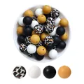 Silicone bead set for DIY jewelry with white black yellow and leopard patterns - 15mm / Tiger & Leopard Mix Style (56-107+29+27+36)