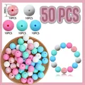 50-piece 15mm silicone bead set in five pastel colors for DIY jewelry and crafts - Marble Pattern and Fresh Mixed Round Beads Style (Style 2) / 50 Pieces/Pack (15mm)