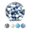 Silicone bead set featuring solid white, blue shades, and leopard print for DIY pacifier chains - 15mm / Snow Leopard Mix Style (58-4+29+16+96)