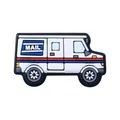 Cartoon Postwagen Schuhclip aus PVC mit blauem Mail-Logo und roten Streifendetails - Postwagen