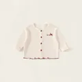 Crèmekleurig gebreid babyvest met rode knopen, strikje en golvende zoomafwerking - 73 / Opengewerkt Gebreid Vest (XY62403)