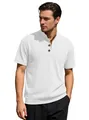 Men's white short sleeve knit polo shirt with textured ribbing and three-button henley collar - White