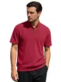 Men's red short sleeve corduroy henley shirt with stand collar and buttoned placket - Burgundy