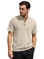 Men's cream ribbed knit henley sweater with short sleeves and vintage buttons - Apricot