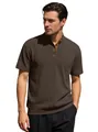 Men's dark brown short sleeve corduroy polo shirt with vertical ribbing and henley neck - Dark Brown