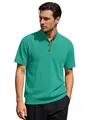 Men's turquoise corduroy knit polo shirt with retro bronze buttons and stand collar - Emerald Green