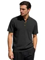 Men's black short sleeve corduroy polo shirt with brown stand collar and gold buttons - S / Black
