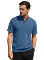 Men's haze blue corduroy polo shirt with stand collar and retro gold buttons - S / Navy Blue