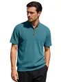 Men's slim fit turquoise blue corduroy knit polo shirt with retro Henley neck detail - S / Denim Blue