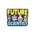 Black PVC shoe charm with yellow Future Scientist text and colorful lab icons - Future Scientist Equipment Style