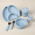 Macro view of 6-piece baby silicone feeding set including suction bowl and plate - Grey Blue Plate Bowl Feeder Cup Fork Spoon