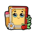 Cartoon book and pencil PVC shoe charm with apple and daisy flower design on white base - Cartoon Book Pencil
