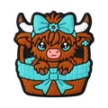 Cartoon highland cow charms in a brown woven basket with light blue floral bows - Highland Cow in Basket
