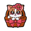 Cute cartoon cat in a basket PVC shoe charm accessory with pink floral accents - Basket Cat