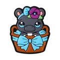 Cartoon hippo in woven basket silicone bead accessory with blue bow and purple flowers - Hippo in Basket
