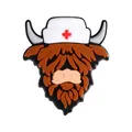 Highland cow shoe charm for clogs wearing a white nurse hat with a red cross icon - Nurse Highland Cow