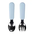 Blue silicone handle and stainless steel fork and spoon set for babies and toddlers - Grey Blue Silicone Fork Spoon