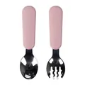 Pink silicone and stainless steel spoon and fork set for toddler self-feeding training - Pale Pink Silicone Fork Spoon