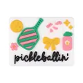 Pickleball themed PVC shoe charm accessory with sports paddle and water bottle icons - Rectangular Embossed Pattern / Colorful