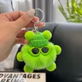 Cute neon green faux rabbit fur monster keychain with beanie and sunglasses accessory - Cute Green
