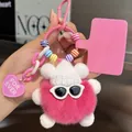 Cute fluffy pompom bear charm with pink sunglasses, knitting hat and heart tag - Berry Pink and White