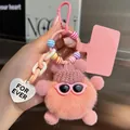 Pink plush bear charm with sunglasses, striped beads, and heart tag on a chain - Orange