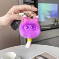 Cute purple faux rabbit fur cat keychain with gold metal ring and plush ball charm - Lavender Purple Cat
