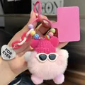 Pink plush bear keychain with knitted hat, sunglasses and heart tag for backpacks - Barbie Pink