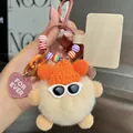 Cream rabbit fur ball keychain with orange knit hat and stylish sunglasses - Khaki Orange
