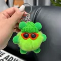 Neon green plush ball keychain with red sunglasses and matching green knit hat - Grass Green