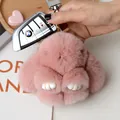 Pink plush rabbit keychain with fluffy fur and metal ring for bags and car keys - Dusty Pink