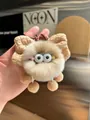 Plush creative fuzzy ball keychain charm with beige waffle bow and cute big eyes - Khaki