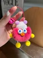 Pink plush duck keychain with knit hat and bell, soft faux fur backpack charm - Berry Pink