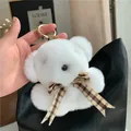 White rabbit fur teddy bear bag charm with plaid bow tie and golden metal ring - White