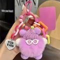 Detail of purple plush bear keychain with knitted hat, sunglasses and heart charm - Purple