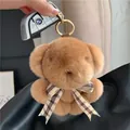 Brown fluffy bunny fur bear charm with classic plaid bow and golden metal keychain - Brown Bear