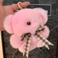 Pink plush bear charm with checkered bow and golden spring ring keychain - Light Pink
