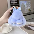 Llavero de conejo de peluche azul claro con lazo de cuadros y anillo de metal dorado - Azul Cielo Lazo Perla
