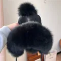 Cappello invernale con paraorecchie in pelliccia, maglia e pompon per il calore - Taglia unica / Nero