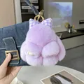 Llavero de conejo de peluche morado con lazo a cuadros en bolso de mezclilla azul - Lazo morado perla
