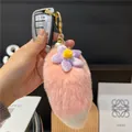 Plush faux rabbit fur tail keychain with purple flower and pearl in pink and white - Orange Pink