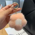 Détail d'un porte-clés fleur en fourrure de vison rose avec fermoir doré sur un sac noir - Rose Clair