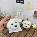 Cute white Bichon teddy plush keychain with gold carabiner and brown leather handle - Arctic White