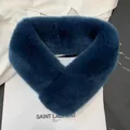 Detail of dark blue plush faux rabbit fur scarf showing dense glossy texture and crossed design - 60-80cm / Blueberry