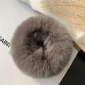 Plush grey rabbit fur scrunchie with fluffy texture for elegant winter ponytail styling - Khaki Grey
