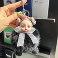 Cute black fox fur doll keychain with grey-purple bun hairstyle and silver bow - Black