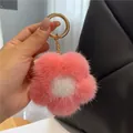 Porte-clés fleur en peluche rose et blanc avec anneau doré pour accessoire de sac - Rose d'Eau