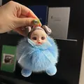 Cute blue real fox fur doll keychain with purple buns hair and bow tie for bag charms - Sky Blue