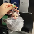 Gray fox fur keychain featuring a cute purple hair doll and polished metal ring - Light Gray
